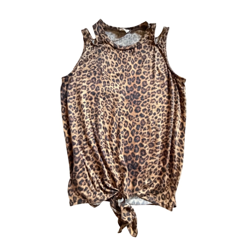 Bibi Leopard Print Sleeveless Top Shoulder Cut Out Front Tie Knot Tank Brown s